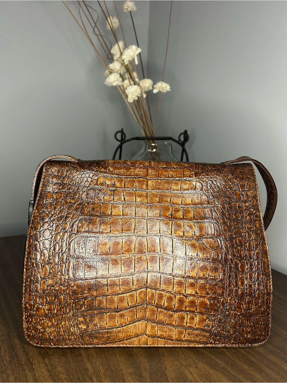 Coccinelle Brown Croc Embossed Leather Shoulder Bag